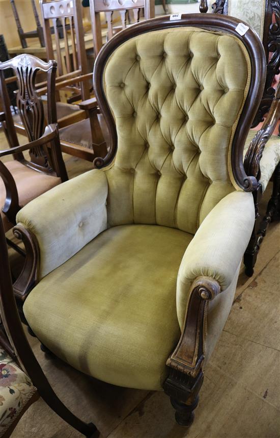 Victorian buttonback armchair, green upholstery